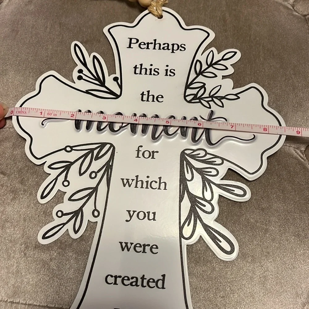 White metal cross wall art, black lettering, new